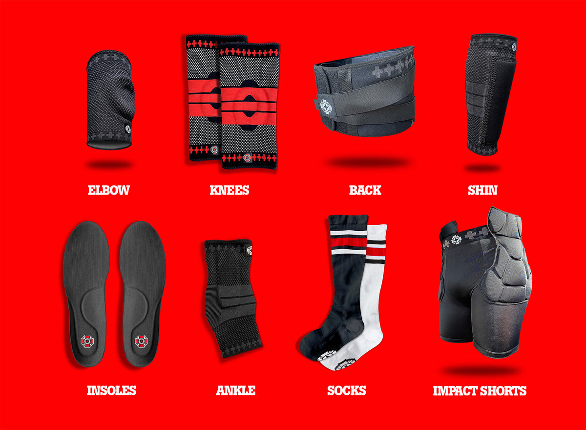 Eight products on red, each labeled: elbow, knees, back, shin, insoles, ankle, socks and impact shorts