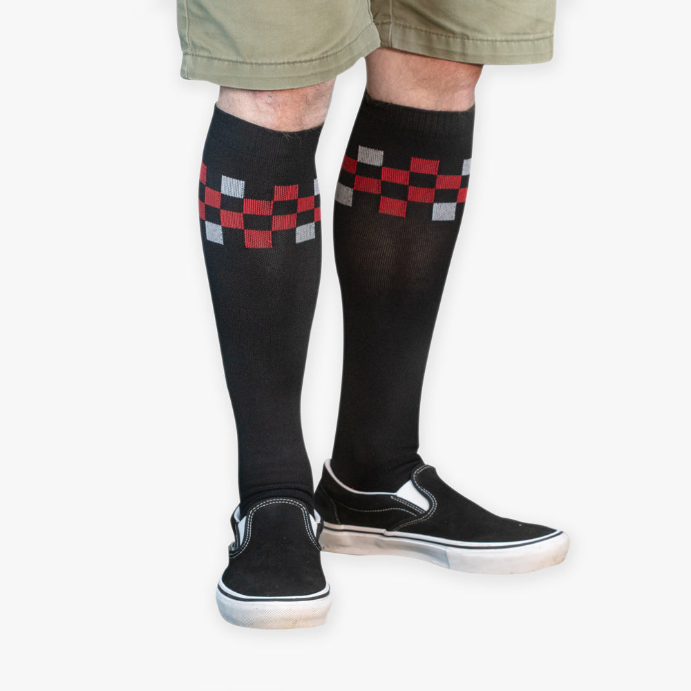 catalog-hero | Old Bones Therapy Checkers Compression Socks – Black red and white checkered medical-grade graduated compression socks for circulation and recovery
