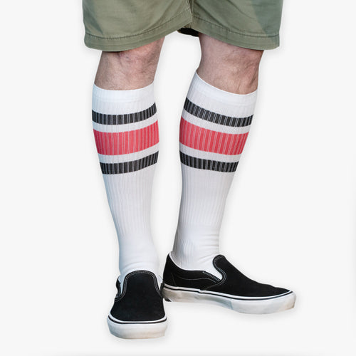 catalog-hero | Old Bones Therapy Red Stripe Compression Socks – Red black and white striped medical-grade graduated compression socks for circulation and recovery

