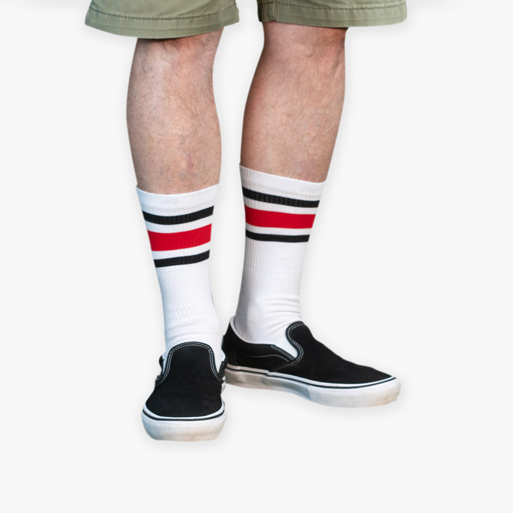 Old Bones Therapy Crew Socks: RED Stripes in White — product detail