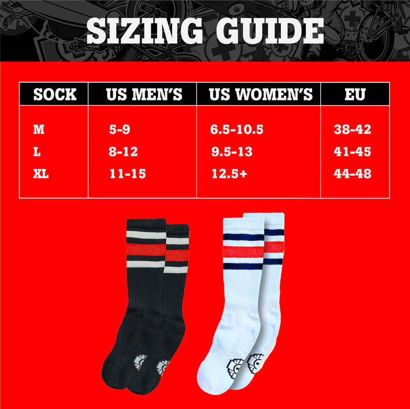 Crew Socks: RED Stripes sizing guide
