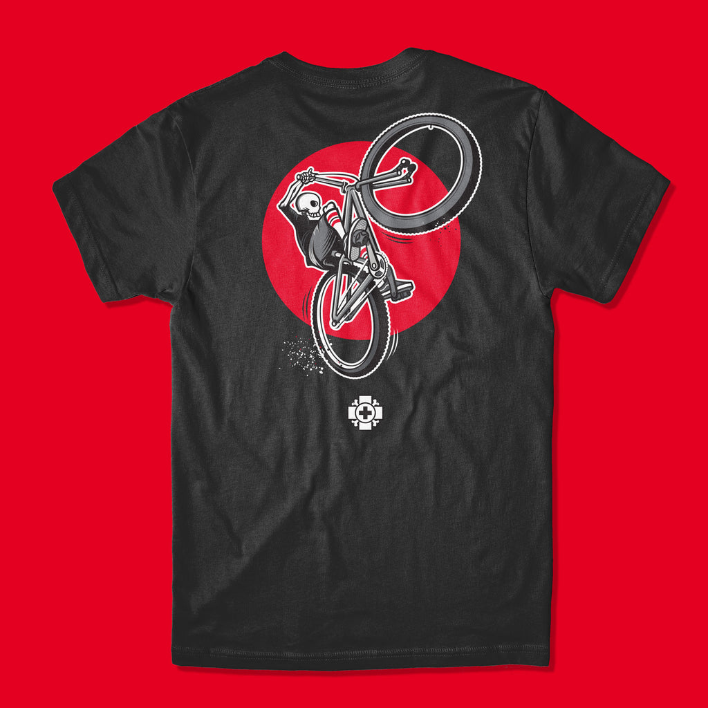 Old Bones Therapy Skeleton BMX Wheelie T-Shirt — branded apparel